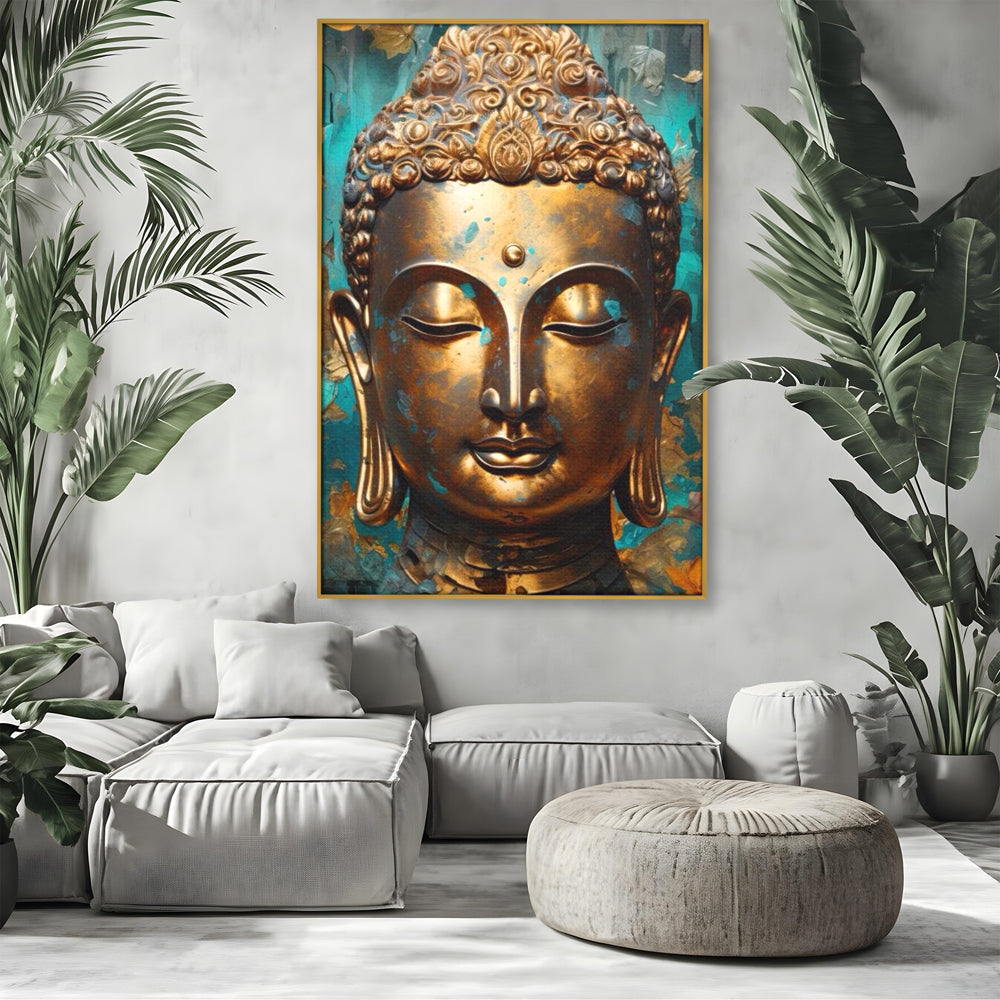 Tablou canvas cu tablou canvas cu capul lui buddha aurit, in rama de aluminiu auriu, pe perete intr-un living